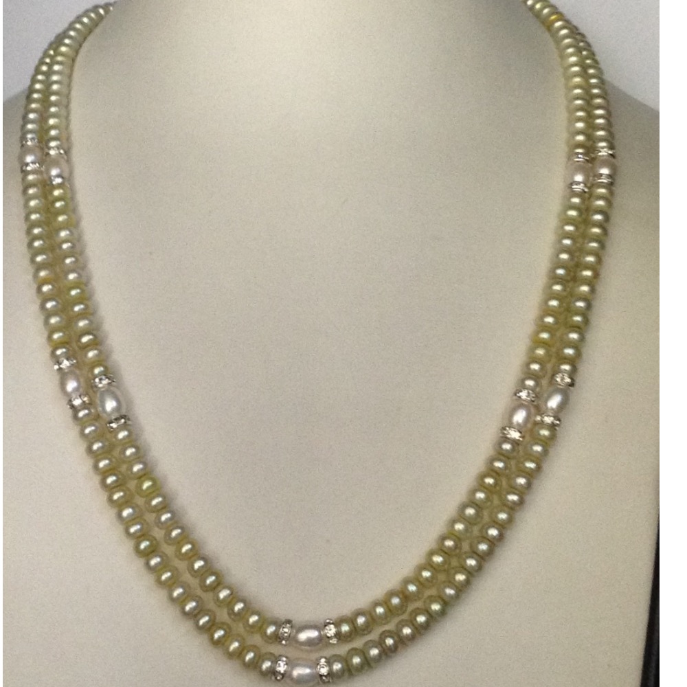 Lemon Yellow Flat Pearls Necklace 2 Layers With CZ Chakri JPM0114