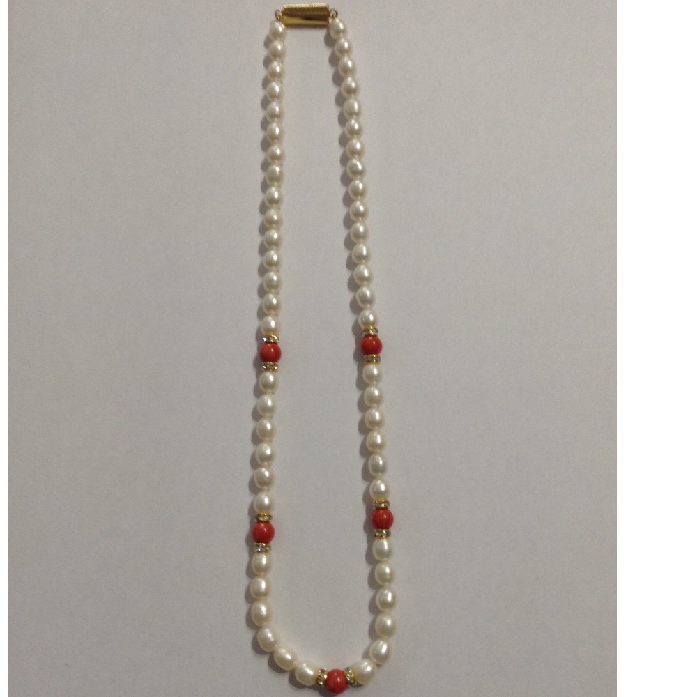 Freshwater white oval pearls with cz chakri strand JPM0080