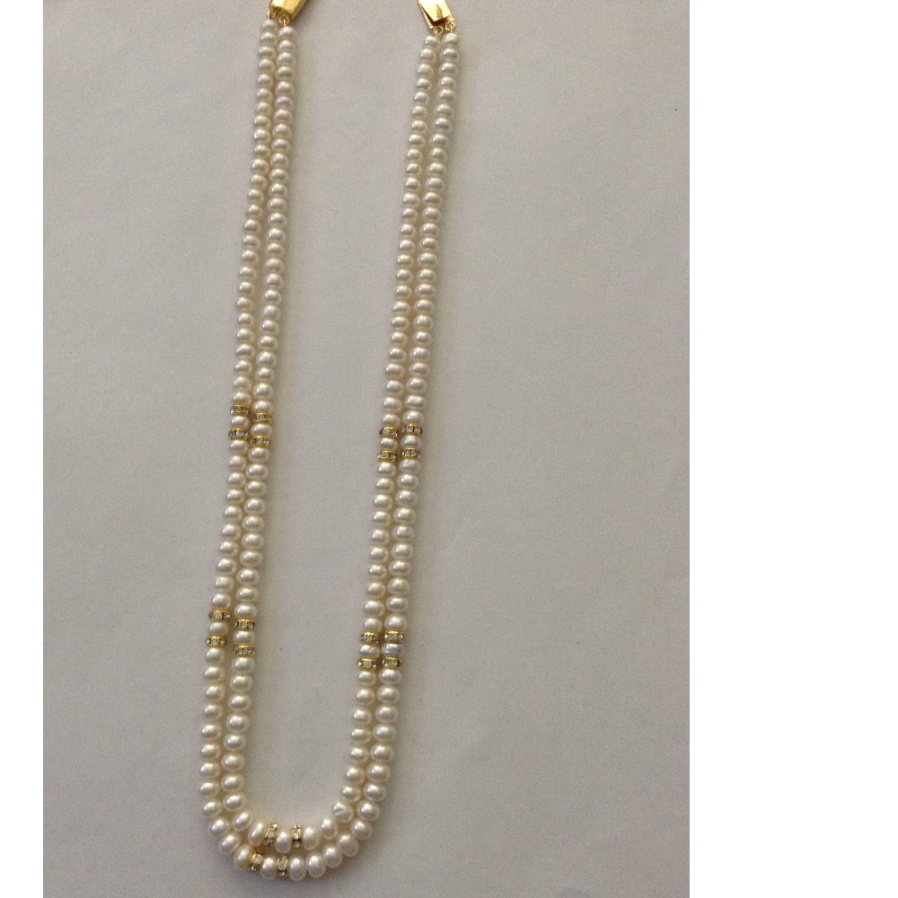 White Flat Pearls Necklace With CZ Chakri 2 Layers JPM0085