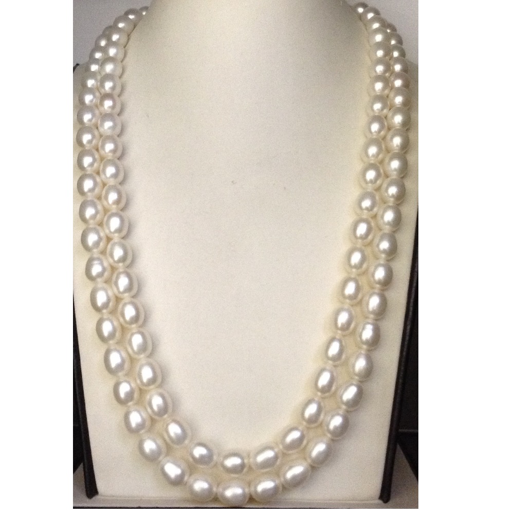 Freshwater White Oval Pearls Necklace 2 Layers JPM0097