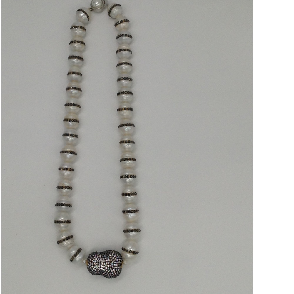 Freshwater white round jagmag pearls with cz ball necklace JPM0052