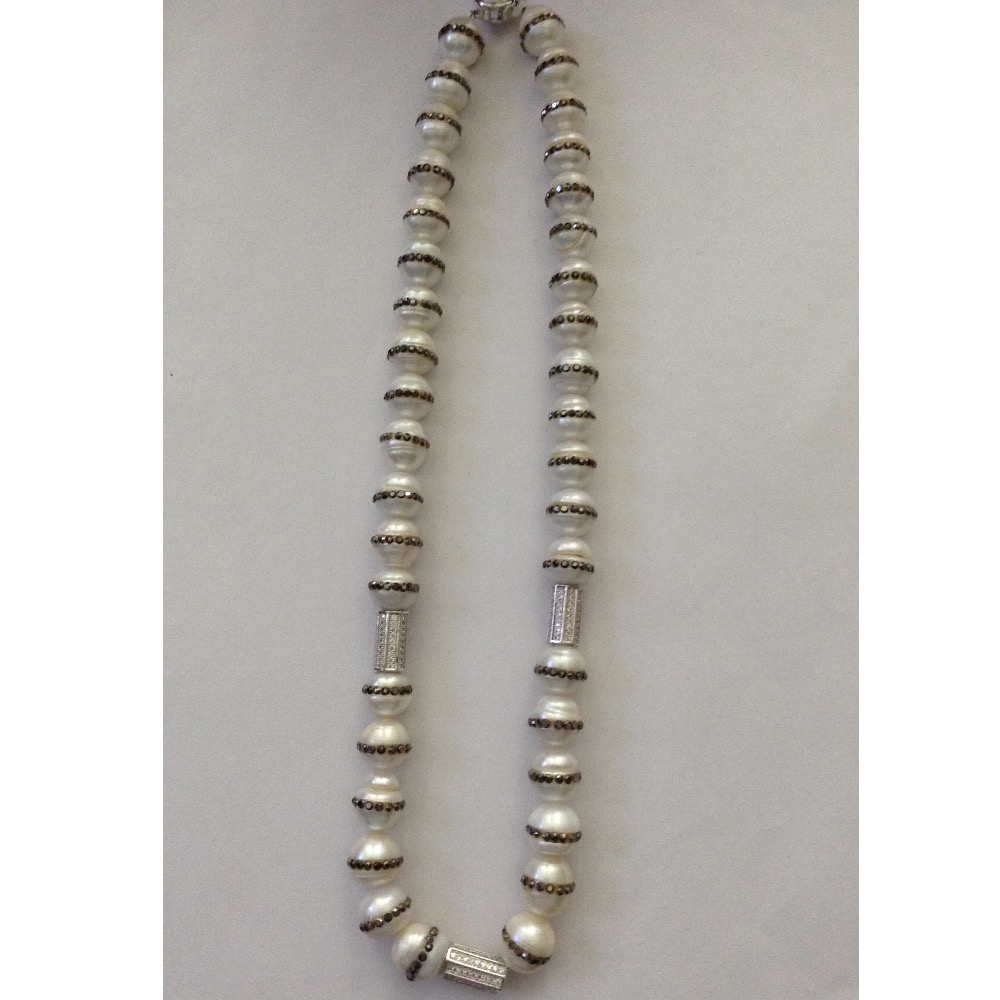 Freshwater round jagmag pearls with cz drums necklace JPM0051