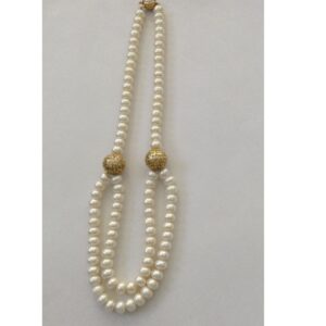 Freshwater White Flat Pearls With CZ Ball Necklace JPM0050