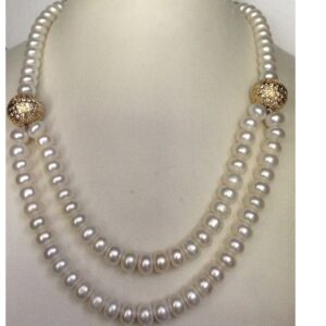 Freshwater White Flat Pearls With CZ Ball Necklace JPM0050