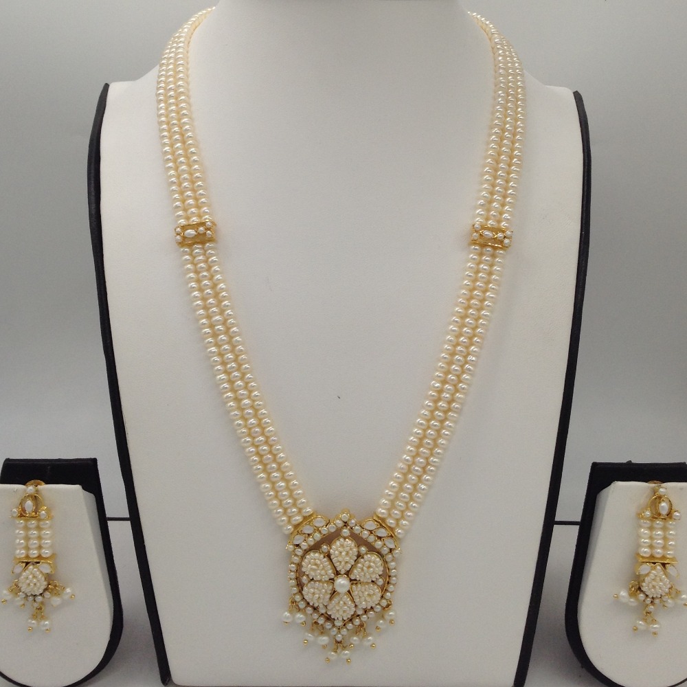 White pearls rani haar set with 3 lines flat pearls mala jps0436