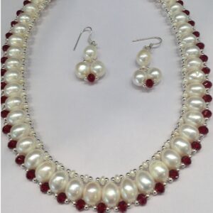 Freshwater White Oval Pearls And Red Crystals "U" Jaali Set JPP1003
