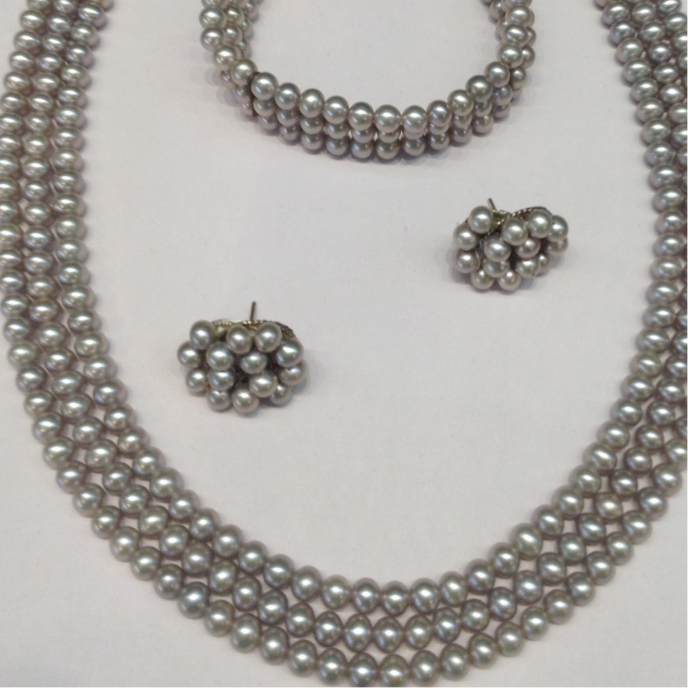 3 Line Round Grey Pearls Full Set JPP1002