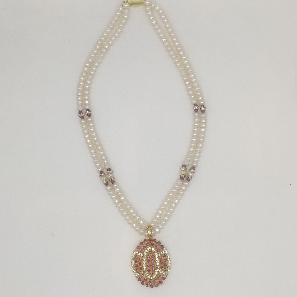 White Red Cz Stones Pendent Set with Pearls Mala JPS1021