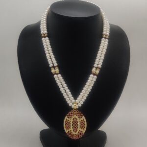 White Red Cz Stones Pendent Set with Pearls Mala JPS1021