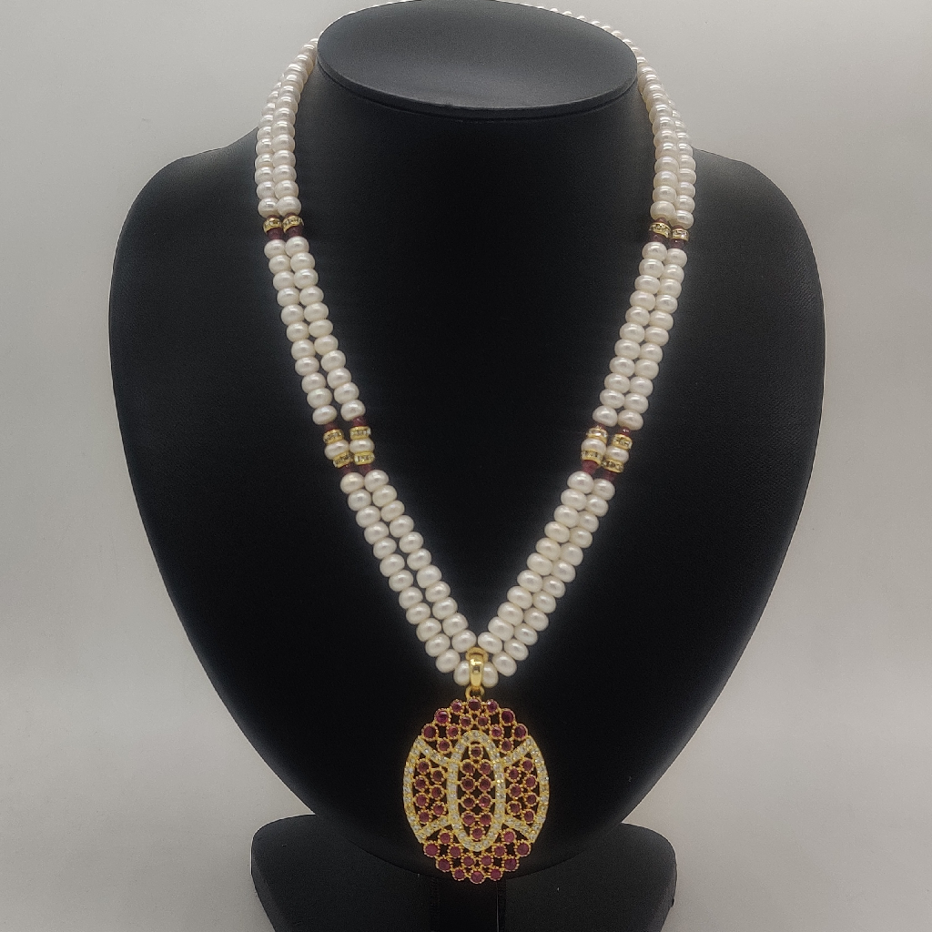 White Red Cz Stones Pendent Set with Pearls Mala JPS1021