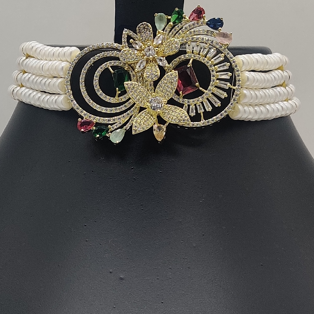 Multicolour Cz Stones Choker Set with White Pearls JPS1018