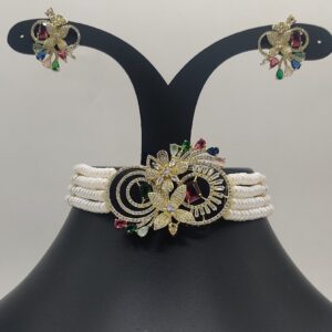 Multicolour Cz Stones Choker Set with White Pearls JPS1018