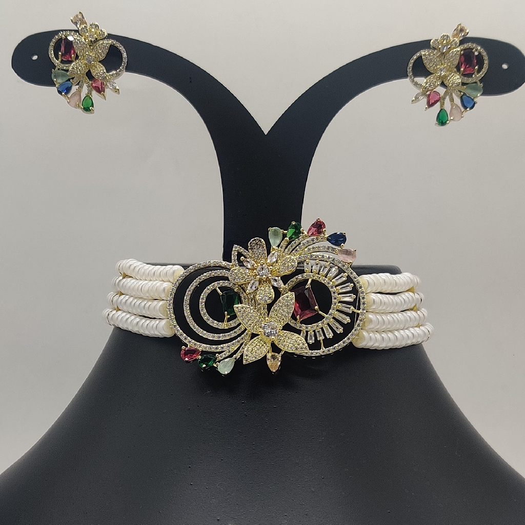 Multicolour Cz Stones Choker Set with White Pearls JPS1018