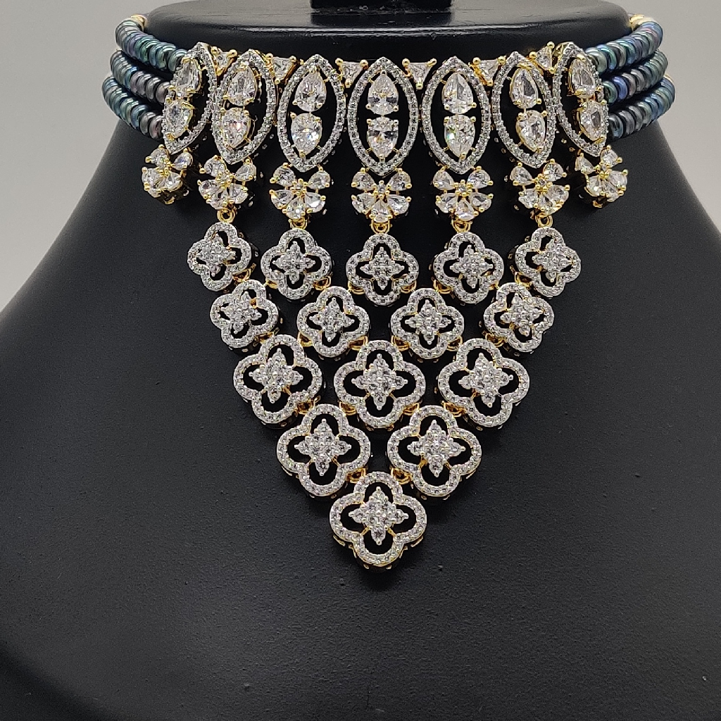 White Cz Stones Choker Set with Grey Pearls JPS1016
