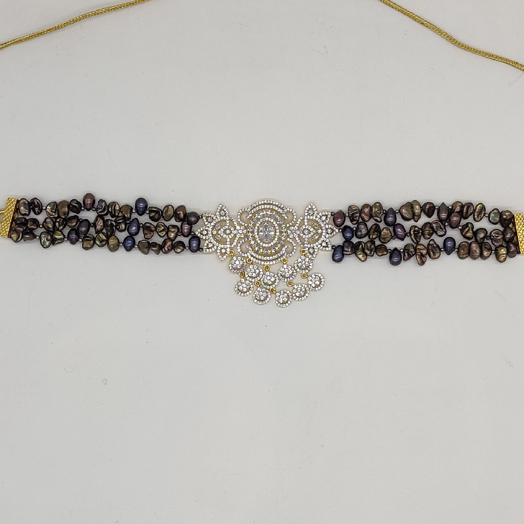 White Cz Choker Set with Brown Pearls JPS1014