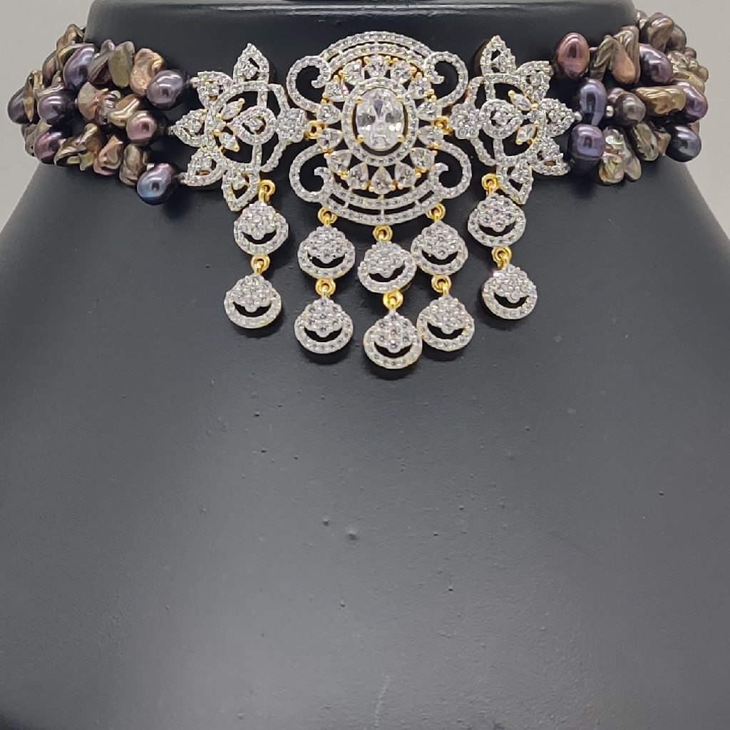 White Cz Choker Set with Brown Pearls JPS1014