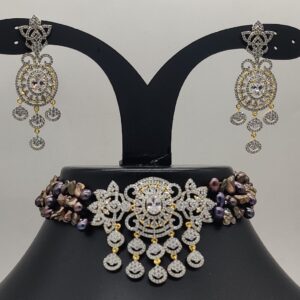 White Cz Choker Set with Brown Pearls JPS1014