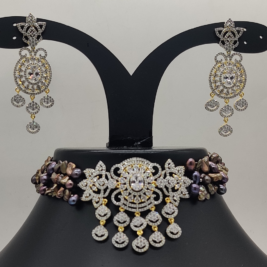 White Cz Choker Set with Brown Pearls JPS1014