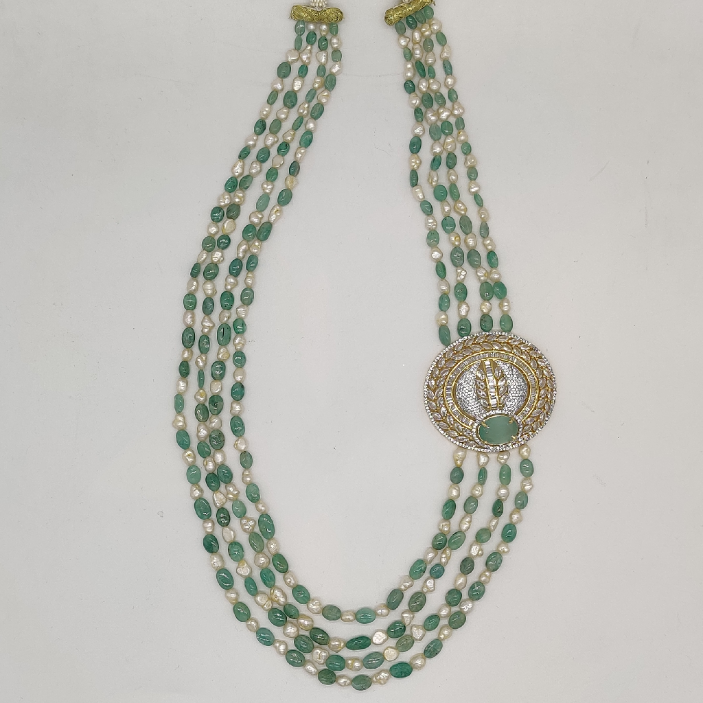 White Green Cz Broach Set With 4 Layers Pearls JPS1011