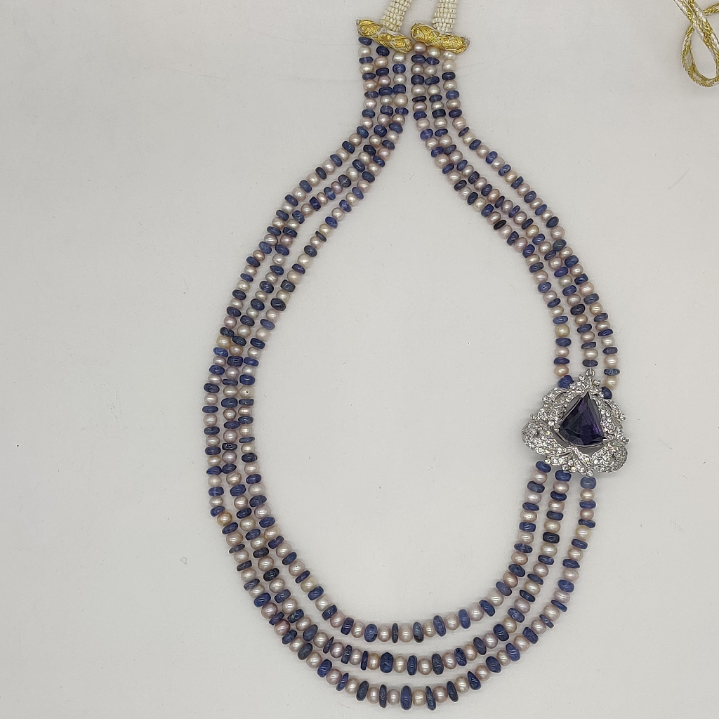 White Blue Cz Broach Set With 3 Layers Pearls JPS1009
