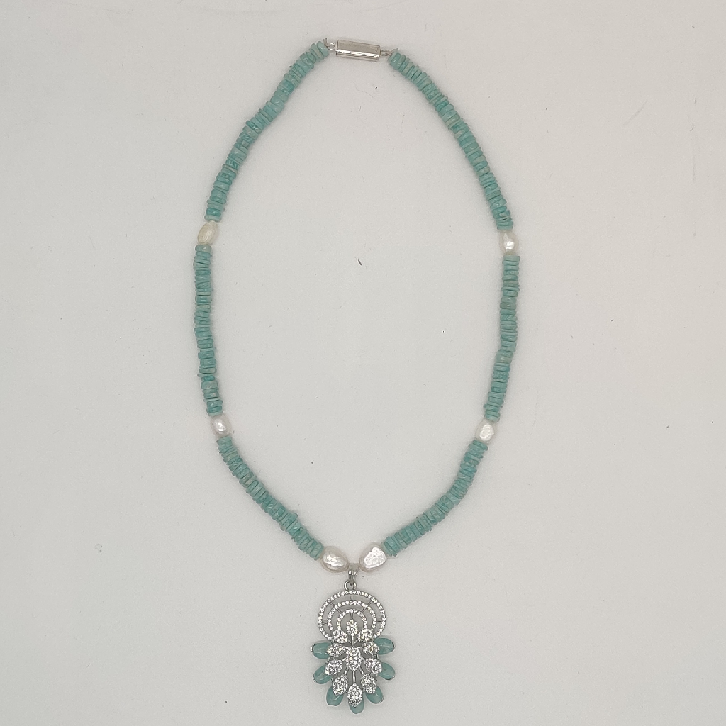 White Cz Pendent Set With Green Semi Beeds JPS1008