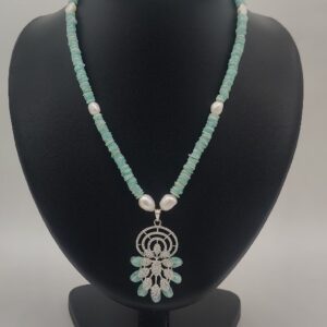 White Cz Pendent Set With Green Semi Beeds JPS1008
