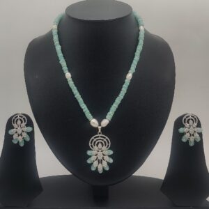 White Cz Pendent Set With Green Semi Beeds JPS1008