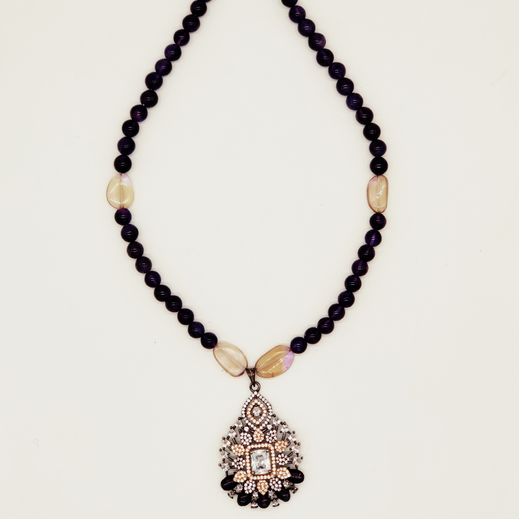 White CZ Pendent Set With Purple Beeds JPS1007