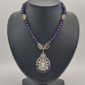 White CZ Pendent Set With Purple Beeds JPS1007