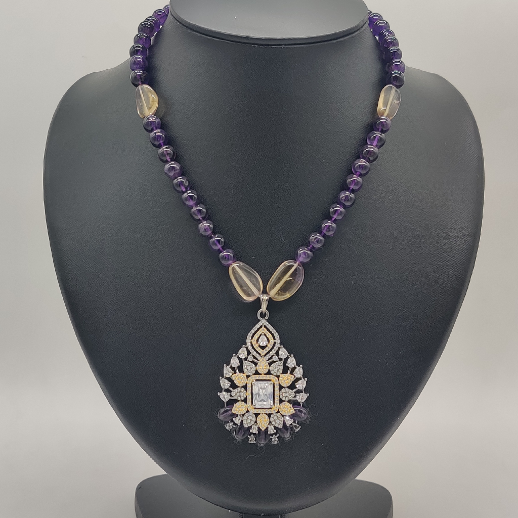 White CZ Pendent Set With Purple Beeds JPS1007