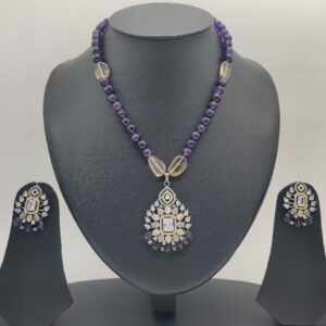 White CZ Pendent Set With Purple Beeds JPS1007