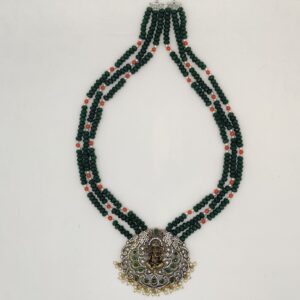 White Green Cz Stone Ganesha Pendent Set With Green Beeds JPS1006