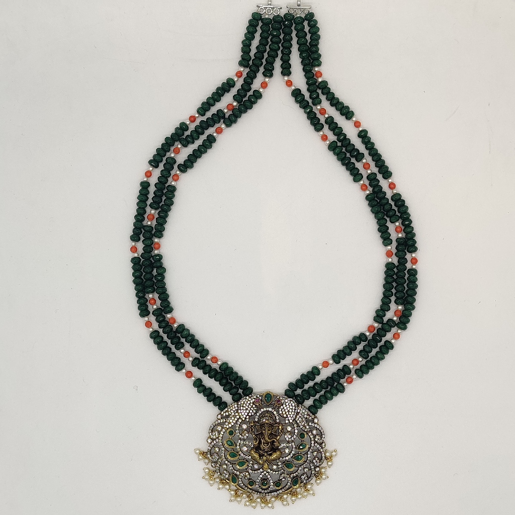 White Green Cz Stone Ganesha Pendent Set With Green Beeds JPS1006