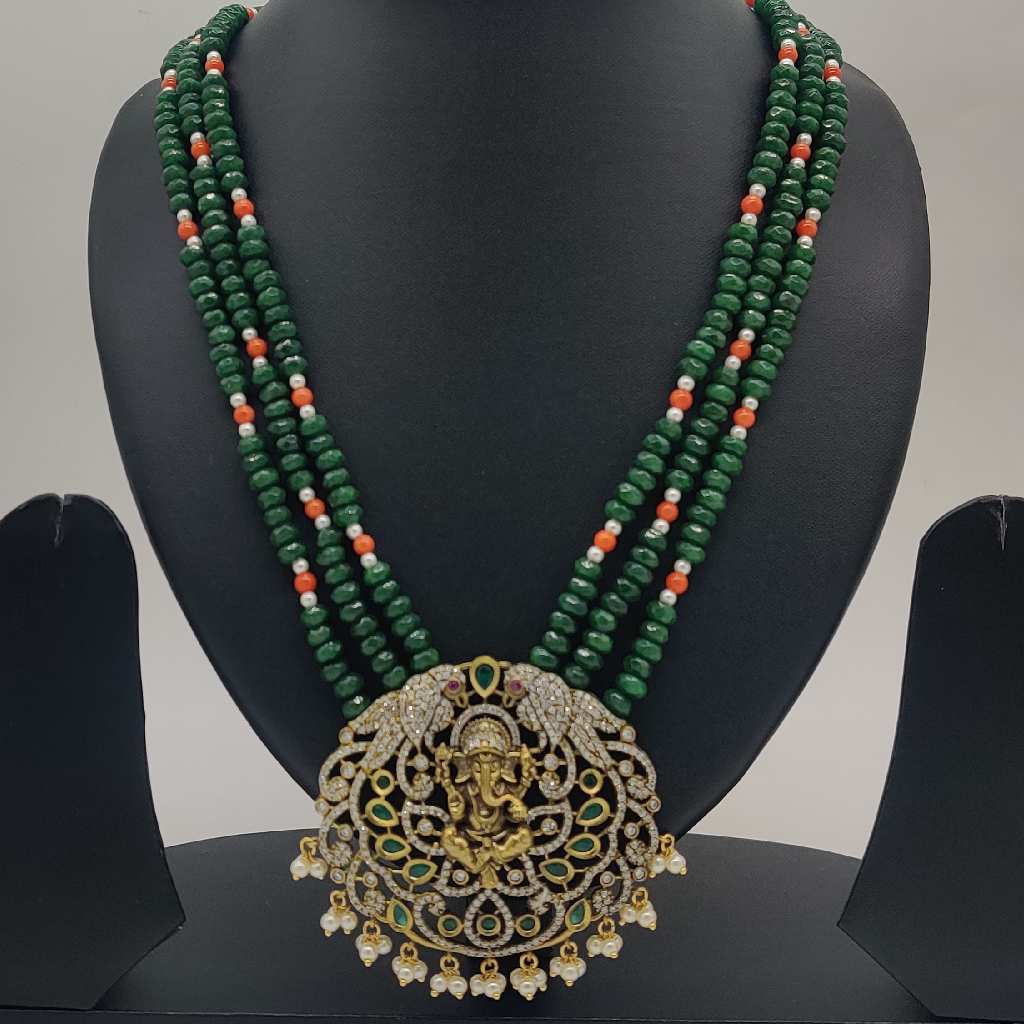 White Green Cz Stone Ganesha Pendent Set With Green Beeds JPS1006
