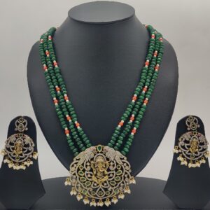 White Green Cz Stone Ganesha Pendent Set With Green Beeds JPS1006