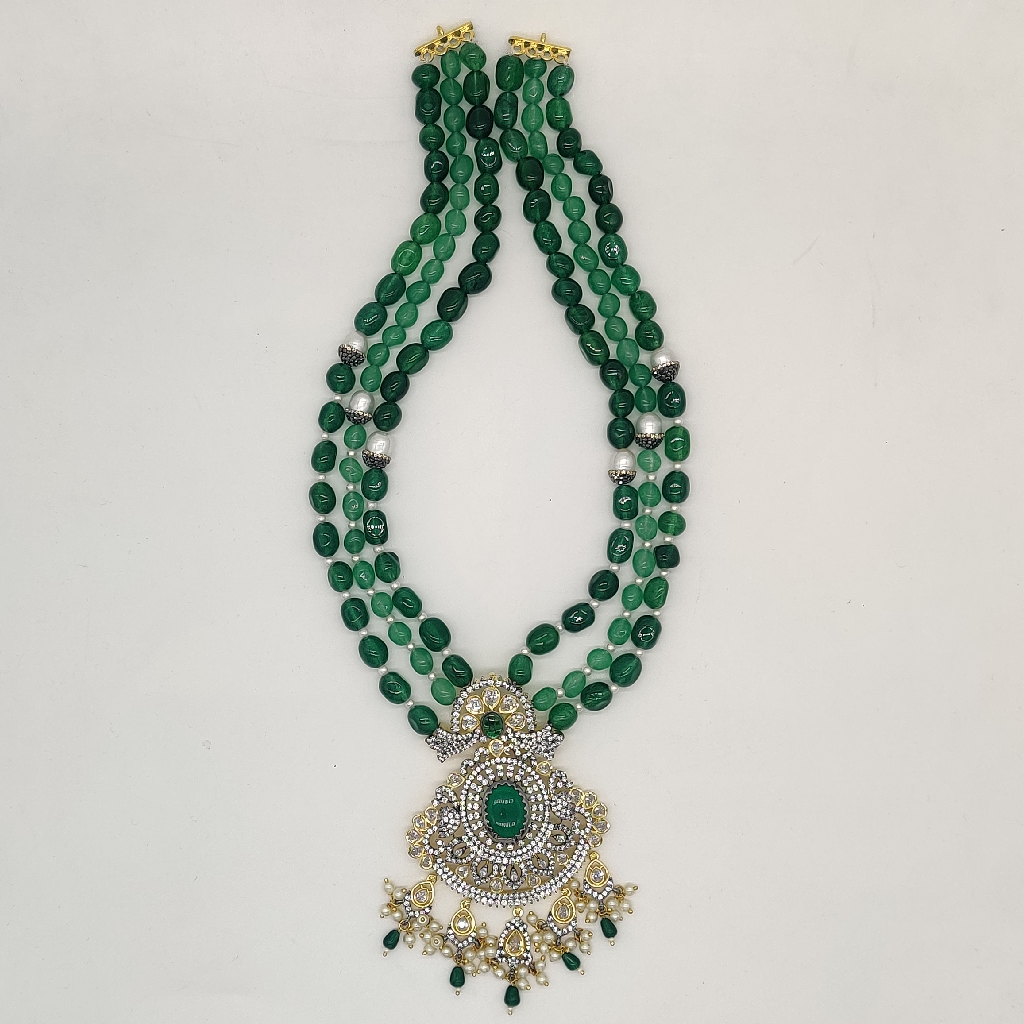 White Green CZ Stones Pendent Set With 3 Lines Green Beeds JPS1004
