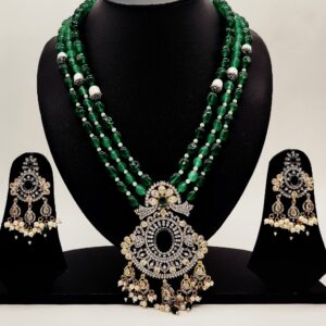 White Green CZ Stones Pendent Set With 3 Lines Green Beeds JPS1004