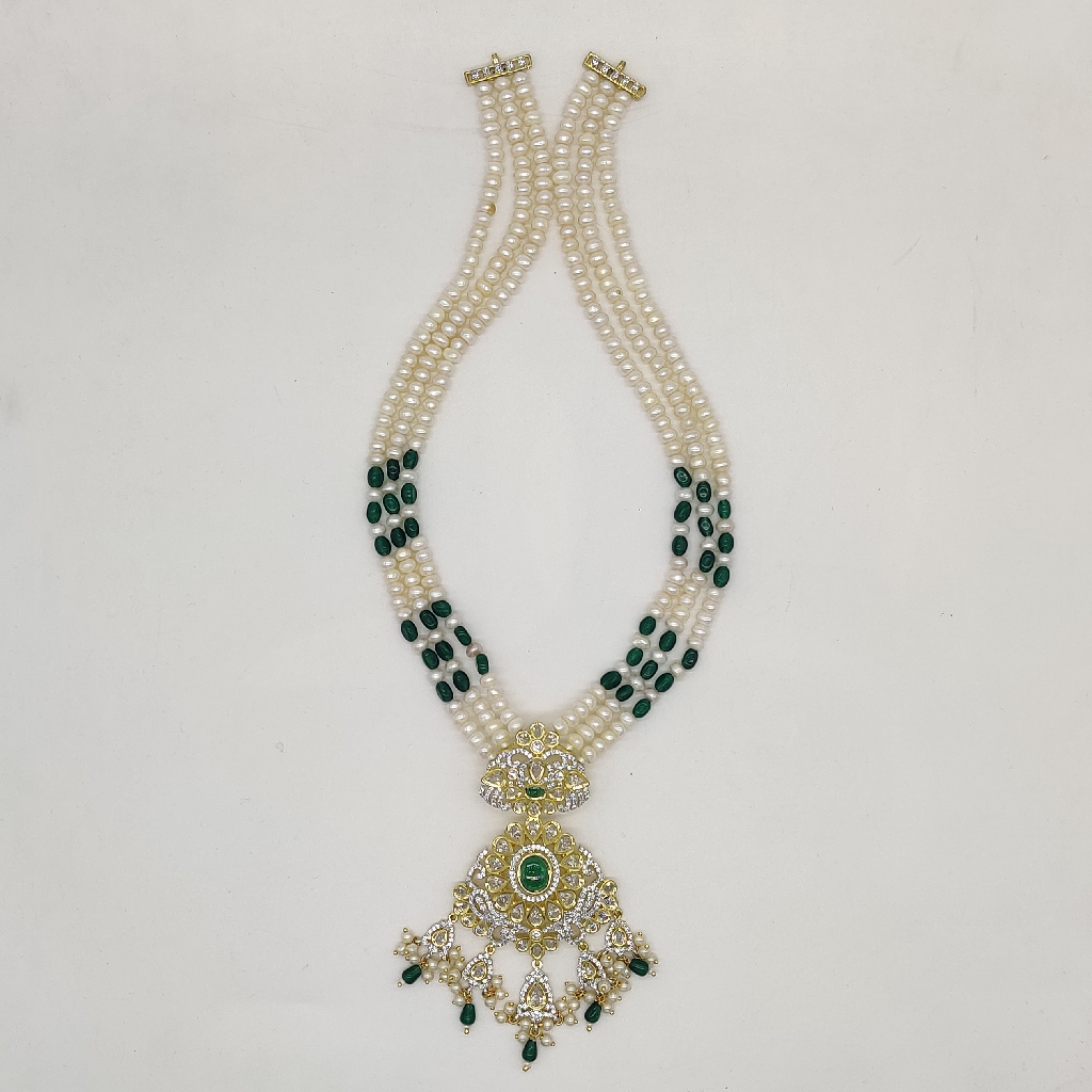 White Polki Ranihaar Set With 3 Line Pearls JPS1005