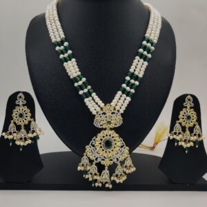 White Polki Ranihaar Set With 3 Line Pearls JPS1005