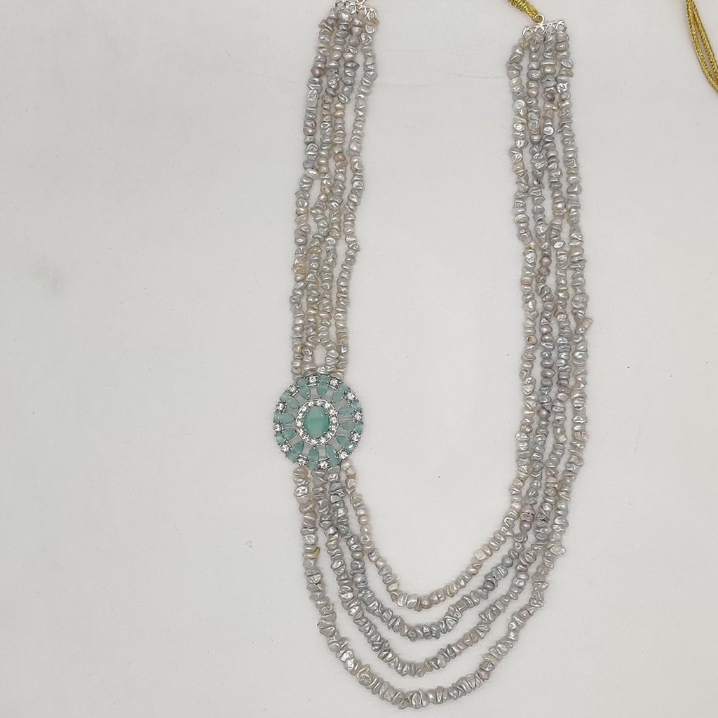 White Green Cz Stones Broach Set With 4 Lines Pearls JPS1003