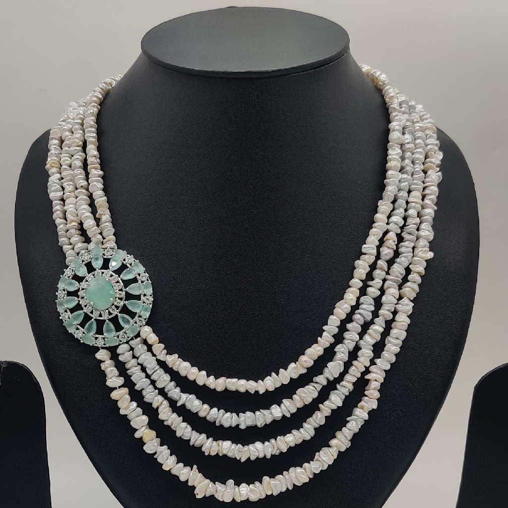 White Green Cz Stones Broach Set With 4 Lines Pearls JPS1003