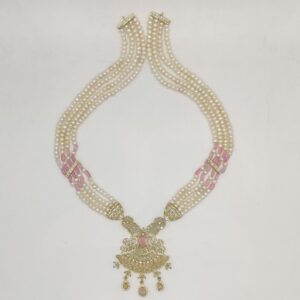 White Pink Cz Ranihaar Set With 4 Lines Flat Pearls JPS1002