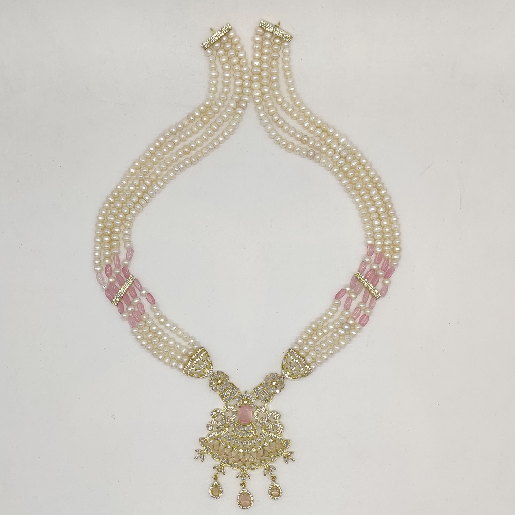 White Pink Cz Ranihaar Set With 4 Lines Flat Pearls JPS1002