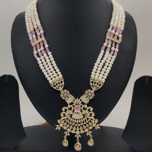 White Pink Cz Ranihaar Set With 4 Lines Flat Pearls JPS1002