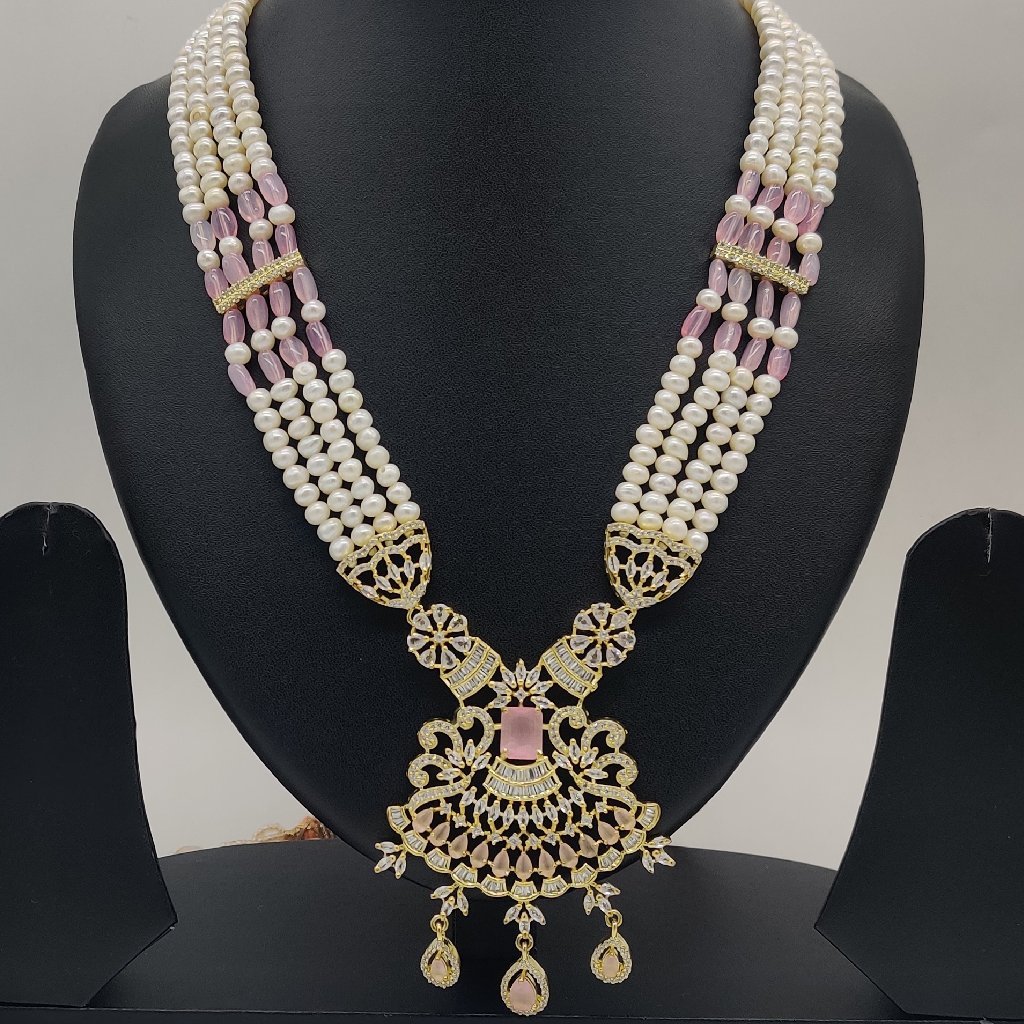 White Pink Cz Ranihaar Set With 4 Lines Flat Pearls JPS1002