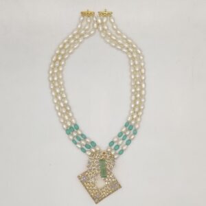 White Green CZ Pendent Set With 3 Lines Oval Pearls JPS1001