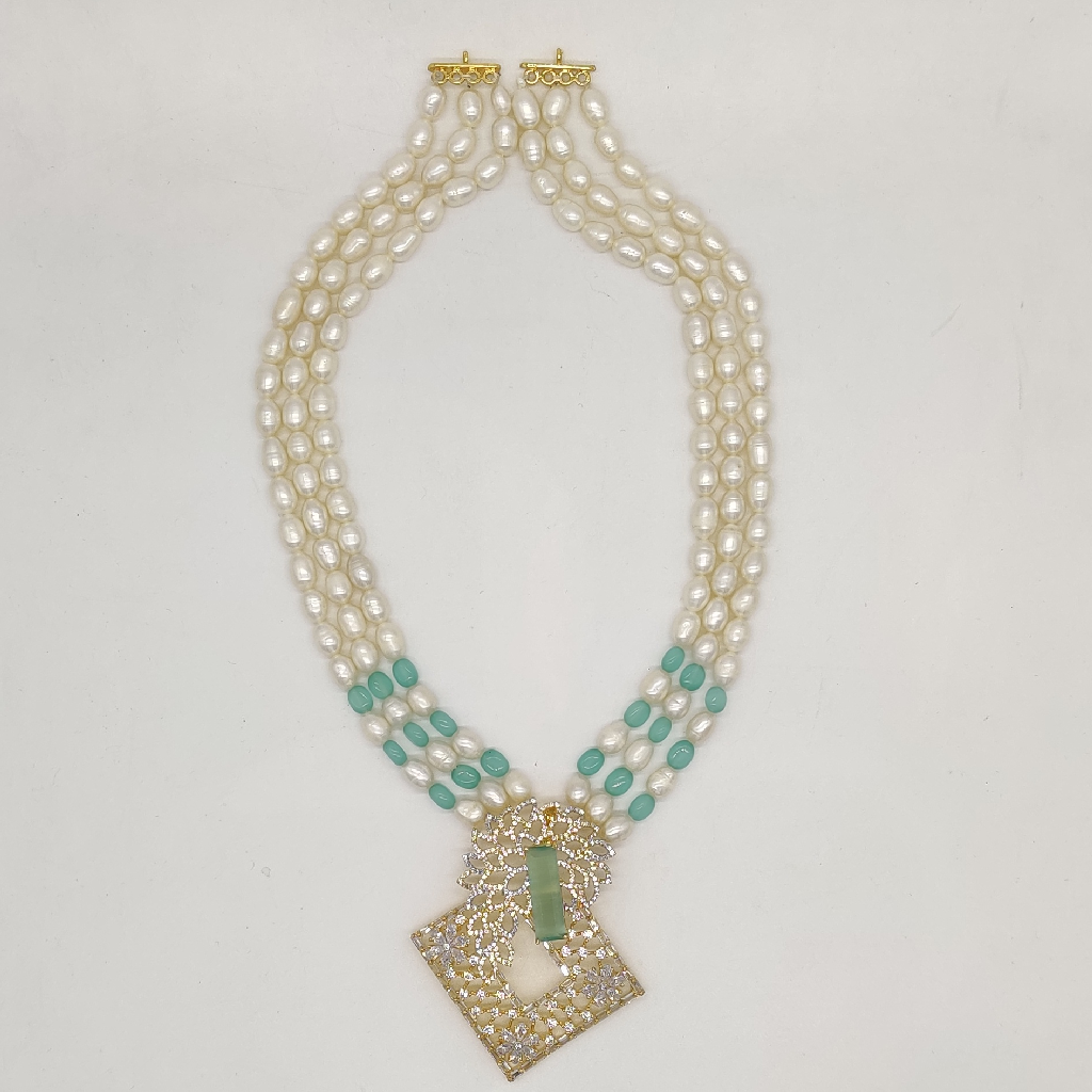 White Green CZ Pendent Set With 3 Lines Oval Pearls JPS1001