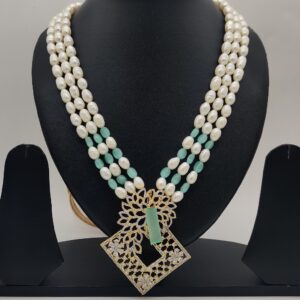 White Green CZ Pendent Set With 3 Lines Oval Pearls JPS1001