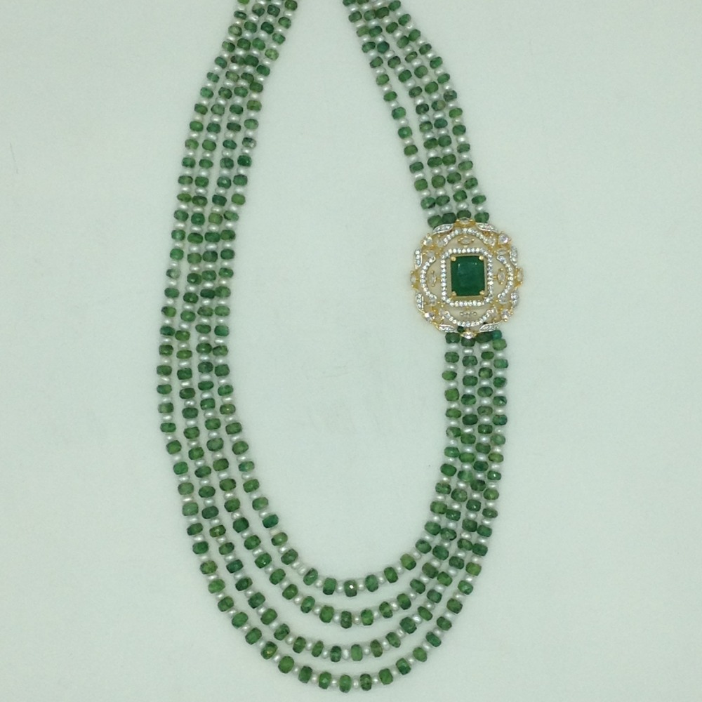 White,Green CZ Broach Set With 4 Line Mala JPS0870