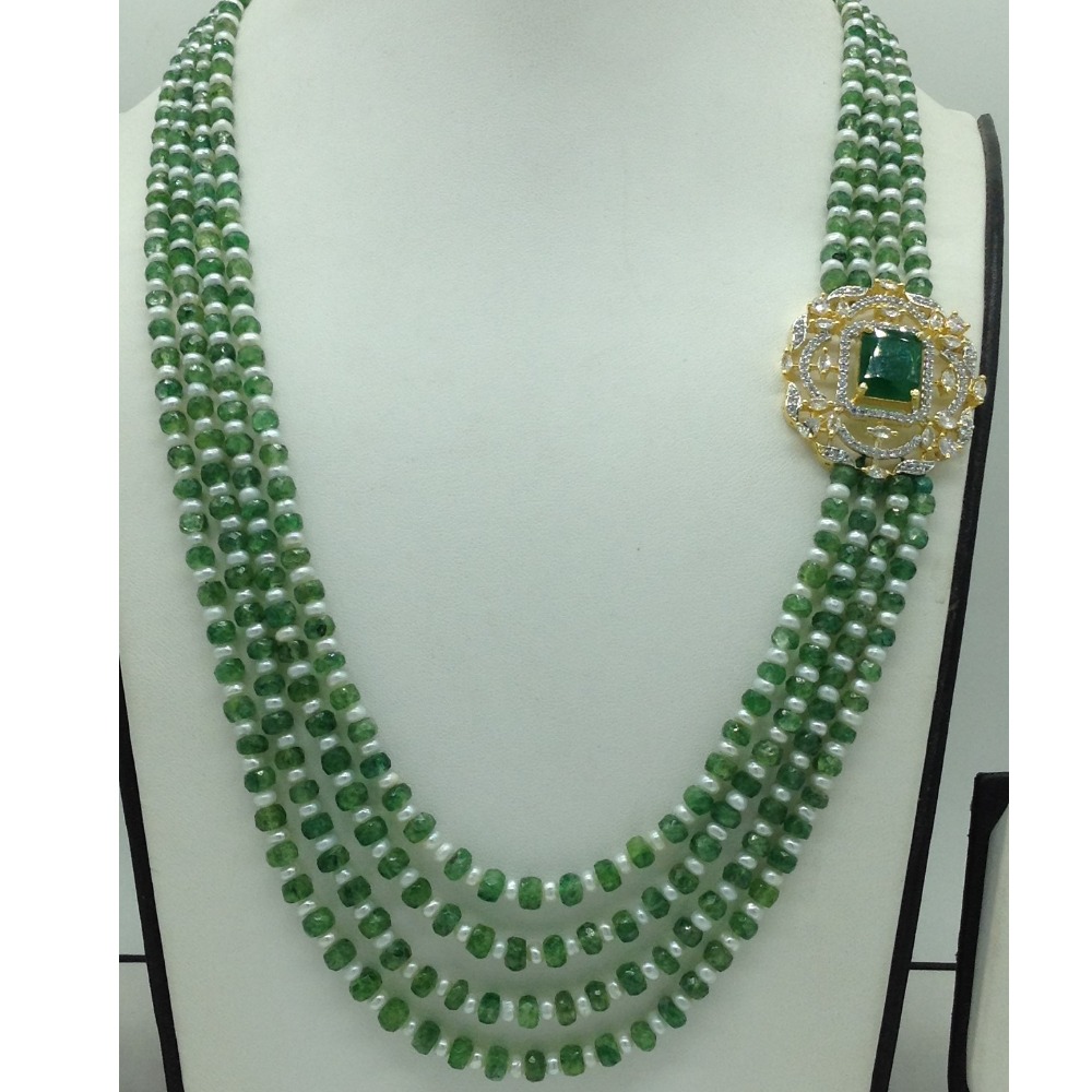 White,Green CZ Broach Set With 4 Line Mala JPS0870